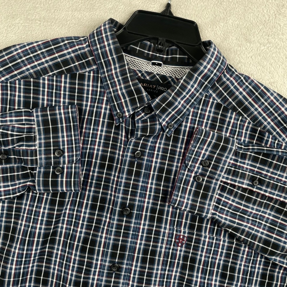 Ariat Pro Series Shirt Mens 2XLT Tall Blue Plaid Pro Racer Long Sleeve Vented